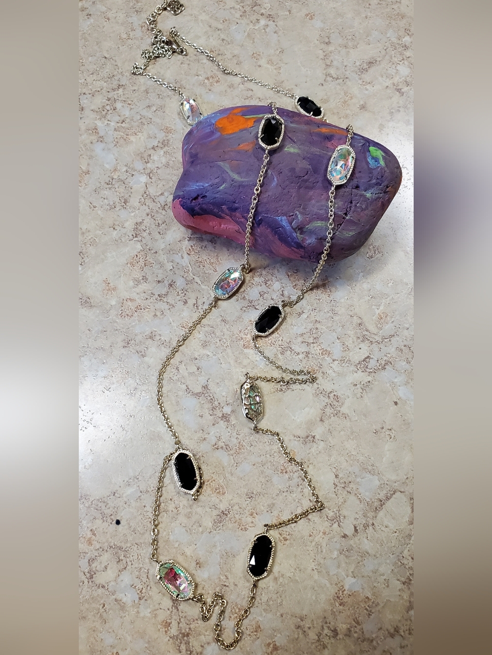 Kendra Scott Gold Station Necklace with Black and Iridescent Stones